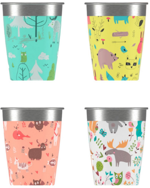 SIGG 지그 스텐레스 키즈 컵 4개 세트 - 350ml, 다양한 동물 캐릭터, 1세트