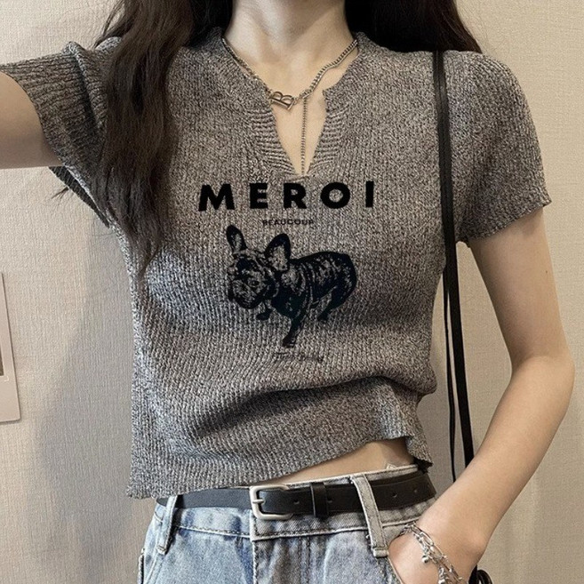 AOKADA 1+1 여성 브이넥 반팔 니트티 슬림 크롭티 여름 반팔티