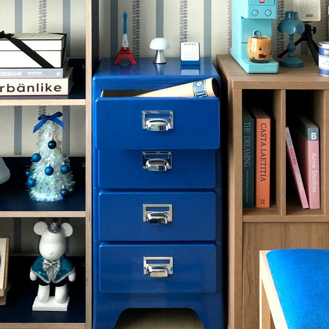 피트 미드센츄리 틈새 미니 플라스틱 레트로 빈티지 캐비넷 서랍장 수납장, 4단, 블루