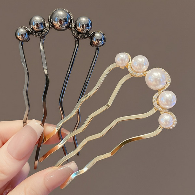 고급 진주 포인트 U자골드 머리꽂이 비녀핀 2P 세트