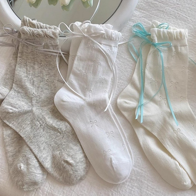 SwanCode 여성용 레이스 메쉬 뒷축 리본 프릴 주름 양말 3켤레