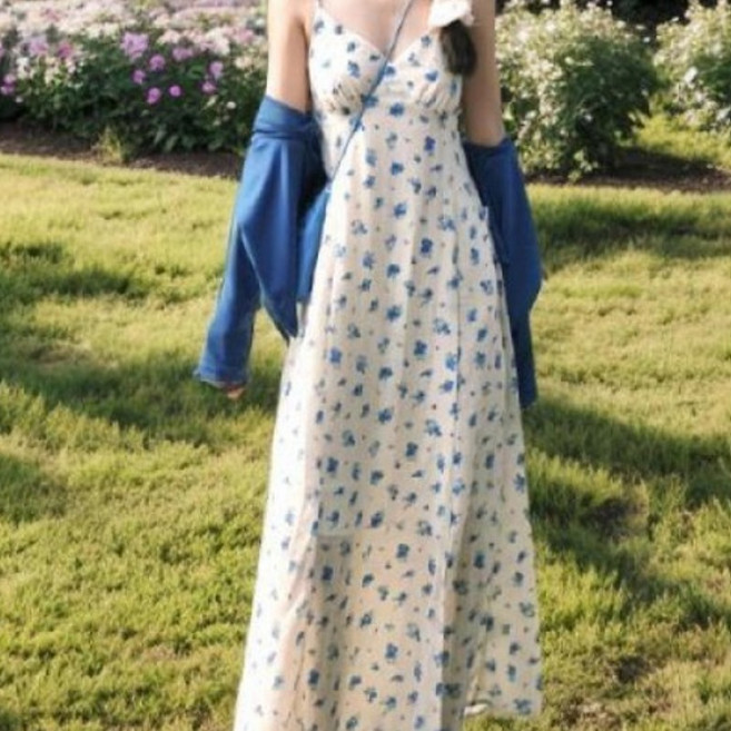 해피유통 여성 여름 플로럴 미니 원피스 세트 라운드넥 긴팔 가디건 +캐주얼 치마 jhlmy