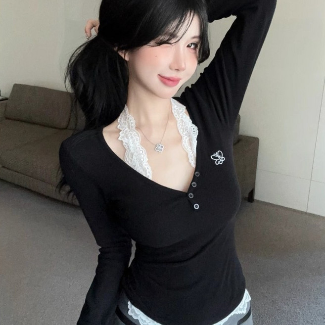 이너 이너룩 디자인 섹시 레이스 패치 티셔츠 SH1540