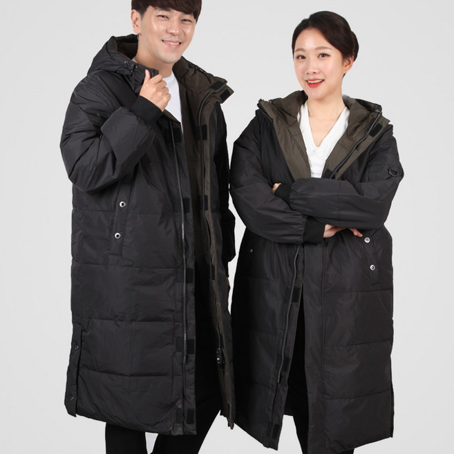남녀공용 블랙 카키 웰론 양면 롱패딩 벤치코트