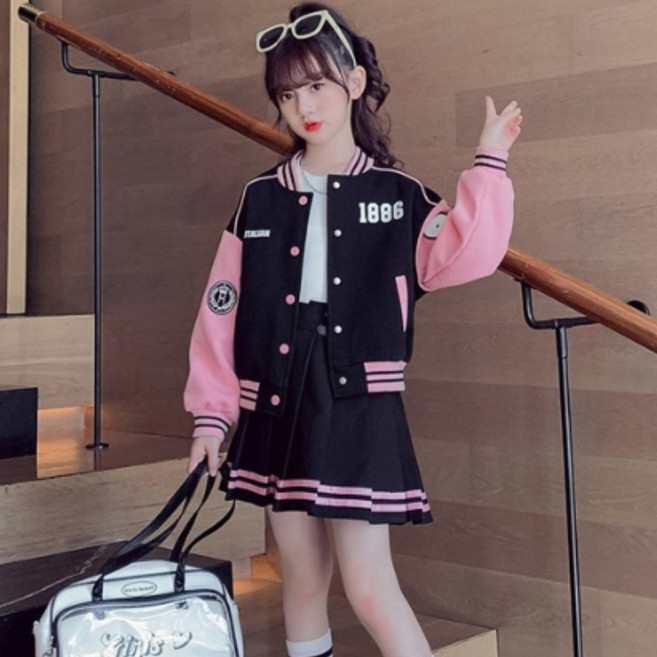 콩달샵 주니어 여아 스쿨룩야구재킷+주름치마 봄가을옷 초등학생옷 상하복세트 [A007]