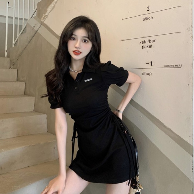 크레스티 슬림핏 셔링 미니 원피스 스판 단추 반팔 카라원피스