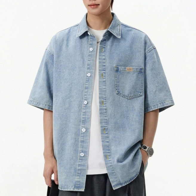 하울맨 남성 오버핏 워싱 데님 반팔 셔츠 빈티지 청남방 여름 아우터