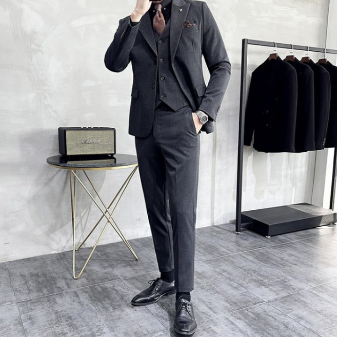 Enyofe 남성용 투버튼 캐주얼 쓰리피스 겨울 정장세트 재킷+조끼+바지 면접 기획 남자수트 3피스 결혼식 하객 남성 슈트 남자 가을검은 양복 세트(3컬러)