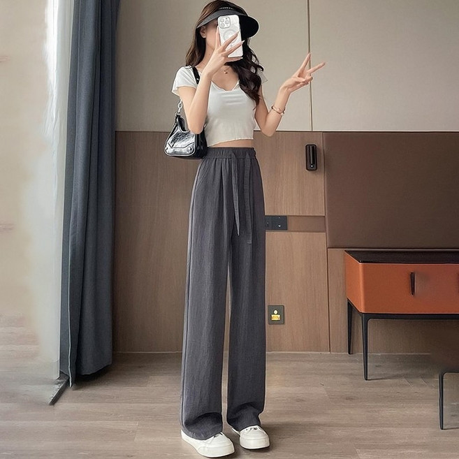 韓版冰絲垂感高腰寬褲