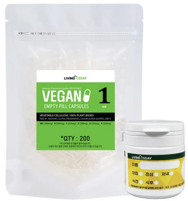식약처허가 식물성 공캡슐 FDA 코셔 할랄 인증 제품 실리카겔 일체형 약통 포함, 투명250mg, 1개, 200정 - 쿠팡