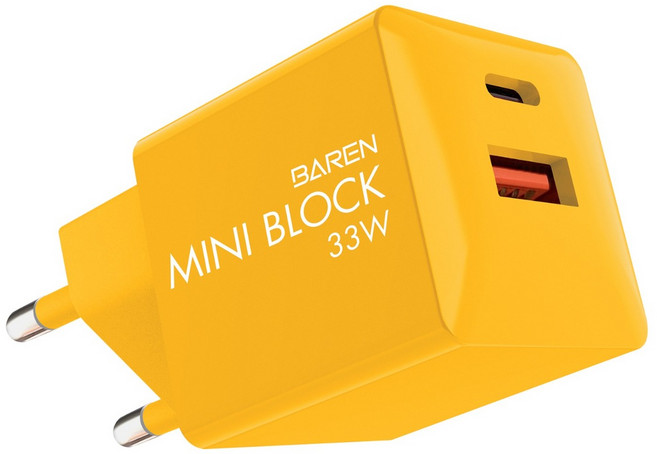 미니33W PD PPS+QC3.0 2포트 초고속급속 C타입휴대폰 충전기아답터(1.5m USB C타입 케이블 포함 ), 옐로우, 1개