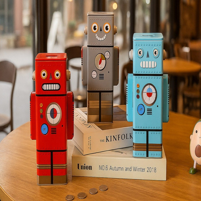 꾼스 깡통 로봇 캐릭터 대형 인테리어 저금통 동전 지폐 저금통, 1개, 옐로우