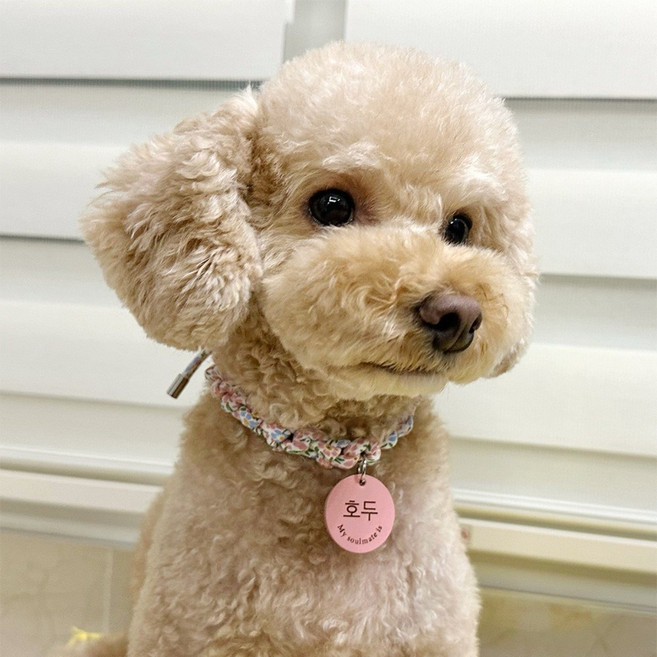 꽃페브릭빵줄 알루미늄팬던트 강아지 고양이 목걸이 인식표무료각인, 1개, 핑크