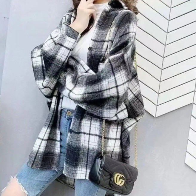 DUOMIHAN 여성 오버핏 체크 플란넬 셔츠자켓 루즈핏 데일리 캐주얼 포켓디테일 GZ01