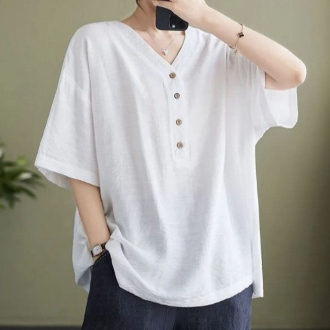 VEZRI 여성 여름 린넨 코튼 빅사이즈 V넥 반팔 티셔츠 루즈핏 캐주얼 체형커버