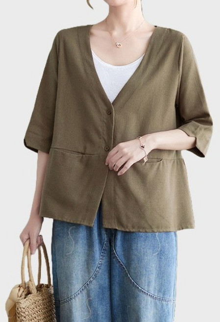 퀸앤조이 미녀77 버나드 노카라 린넨혼방 반팔 자켓