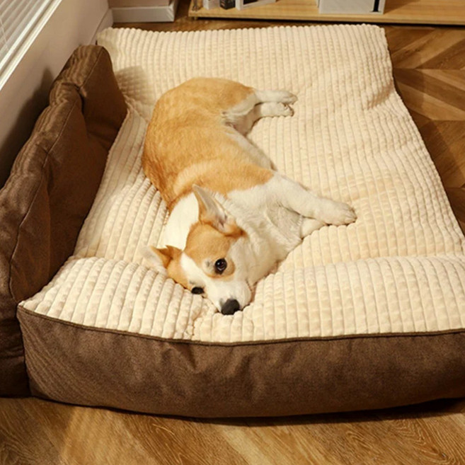 먀오샤오위안 대형견 사계절 소파형 침대 - 겨울 보온 분리세척 매트 두꺼운 고밀도 충전재 안전 방석 (변형 없음), 1개, 갈색