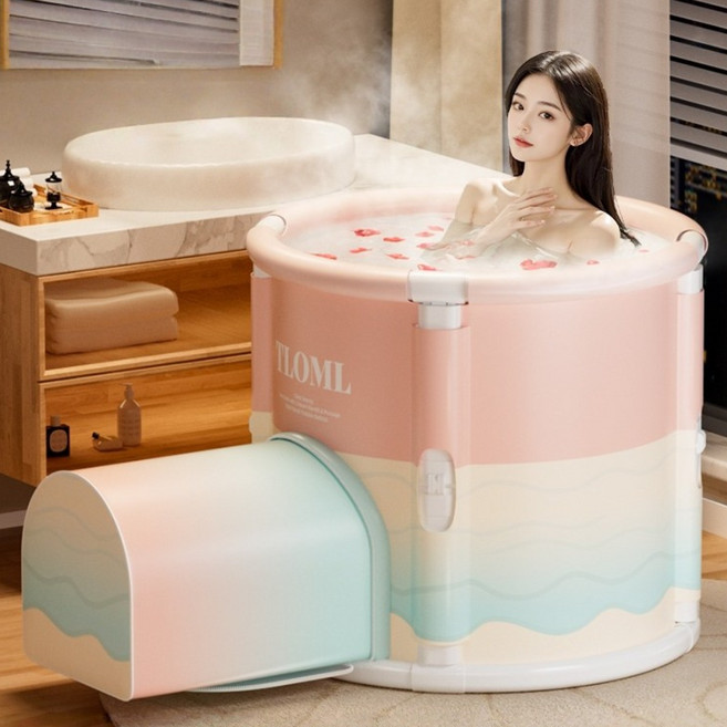 TLOML 욕조 접이식 욕조 이동식욕조 성인 무조립 원터치 간이욕조 반신욕조 다리공간 포함 목욕탕, 1세트, 핑크