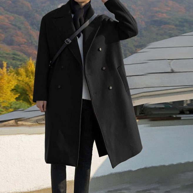 루즈핏 트렌치 코트 남성용 가을과 겨울 주름 방지 미디 모직 코트캐주얼하고 편안한 모직 코트