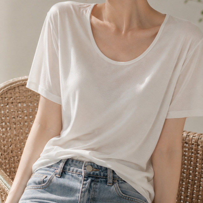 여성 레이온 유넥 반팔티 찰랑 스판 기본티 여리핏
