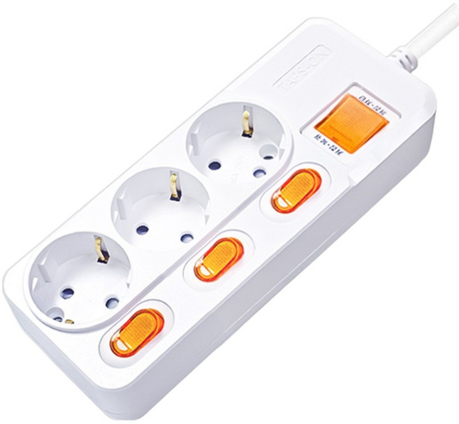 개별스위치 멀티탭 KC인증 접지 과부하차단 2800W 절전 콘센트 3구 멀티탭, 화이트(빨간스위치), 1개, 5m
