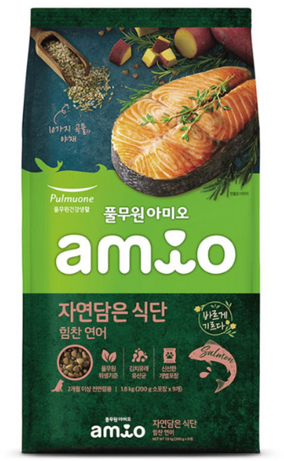 풀무원아미오 전연령 강아지 자연담은 식단 건식사료, 연어, 1.8kg, 1개