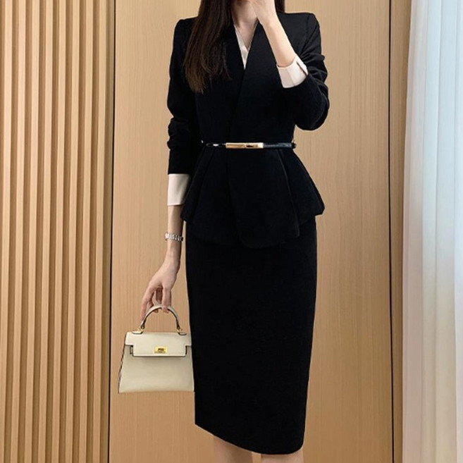 가을 겨울 여성 정장 스커트 세트 오피스 정장 슬림핏 벨트 자켓 + 치마 세트 YLP