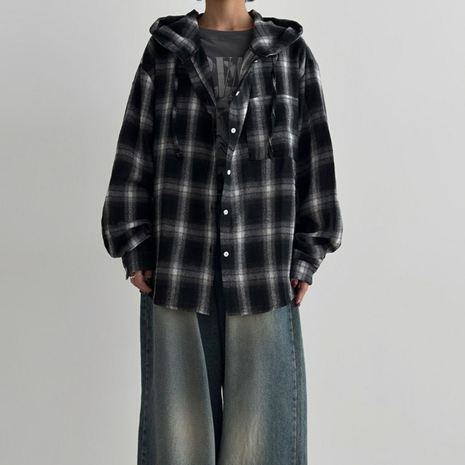 오버핏 체크 셔츠