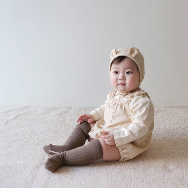 국산 아기 오버롤 멜빵바지 체크패턴 모자세트 돌코디 베이비 S-L