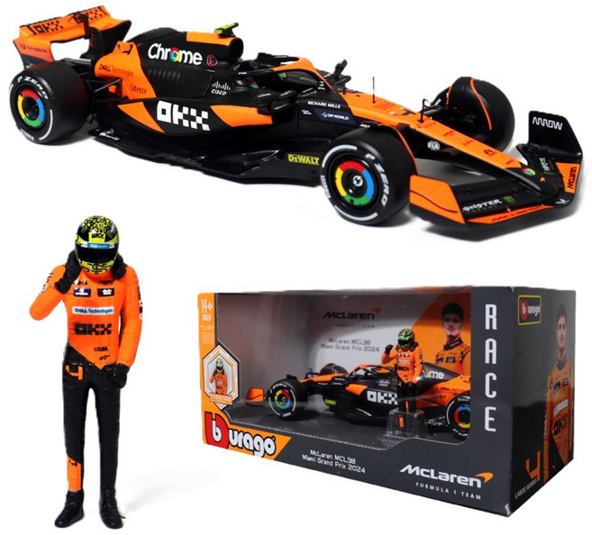 브라고 1:24 맥라랜 팀 MCL38 4번 머신 + 드라이버 피규어 F1 모형 포뮬러레이싱카, 1개