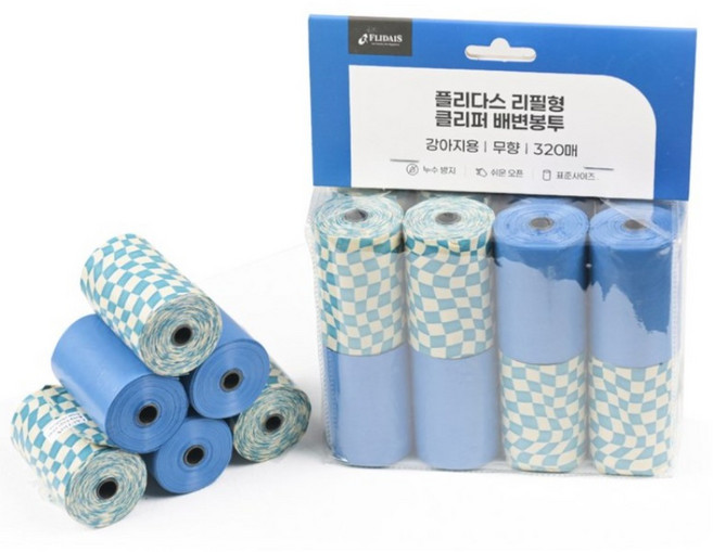 [플리다스] 클리퍼 강아지 배변봉투 리필형 풉백 320매, 1개, 320개입, 블루&체크