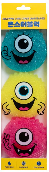 몬스터블럭 수세미 3P 세트 | 귀여운 감성 주방 새해 선물 국산 강력 세척, 1개, 3개