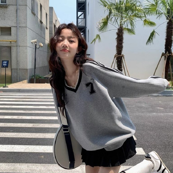 COSYEVNO 여성 브이넥 맨투맨 봄가을 루즈핏 스포티 캐주얼 BCXwy-1