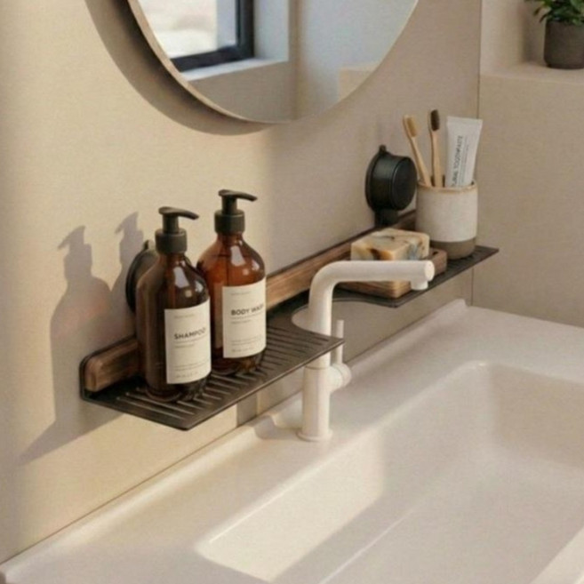 딱붙어 무타공 흡착식 욕실선반 화장실선반 샤워실거치대 세면대정리대, 1개, 나무색상