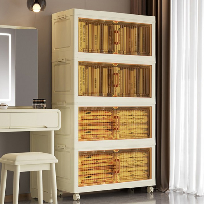 접이식 수납장 50CM 이동식 양문형 수납장 대용량 다용도 폴딩 리빙박스, 투명색-4단