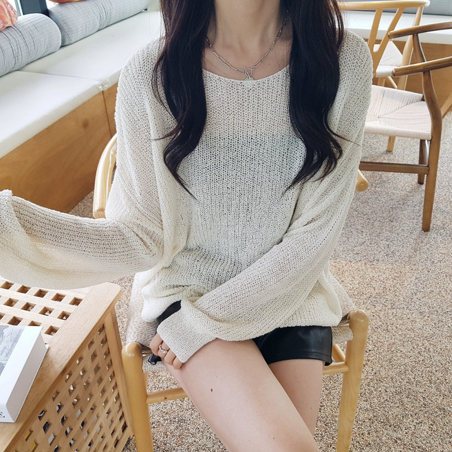 상상그이상 여성용 국내제작 시스루 입술넥 긴팔니트 여리여리 끝판왕 루즈핏 롱기장 그물니트 간절기 날씬해보이는 보트넥 골지니트