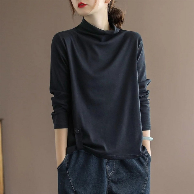 TKX 1+1 여성 고급 면 긴팔 티셔츠 가을 봄 간절기 고급스러운 캐주얼 심플 디자인 반하이넥 탑 KN53