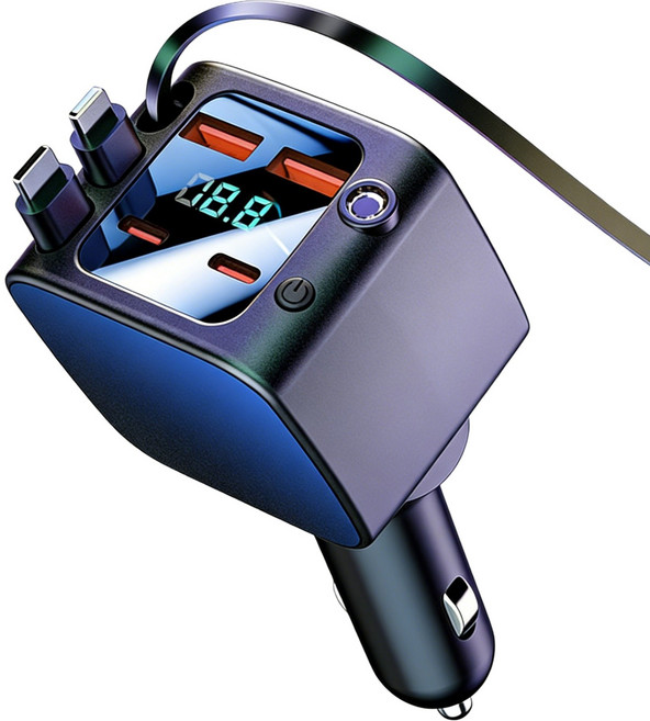 호밍사이 릴타입 차량용 초고속 충전기 120W 4포트 C타입 신축 케이블 USB 차량용 충전 어댑터, 블랙, D3