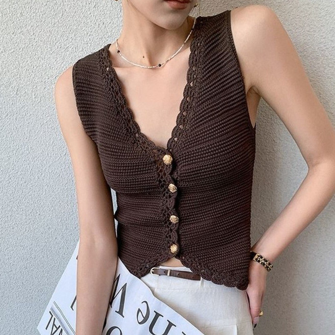 COSYEVNO 여성 브이넥 버튼 니트 슬리브리스 조끼 Tzkzzbx-3