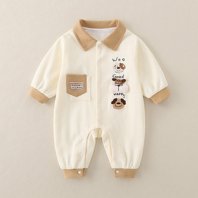 로을 신생아 순면 귀여운강아지 해피퍼피 배색 포켓 우주복