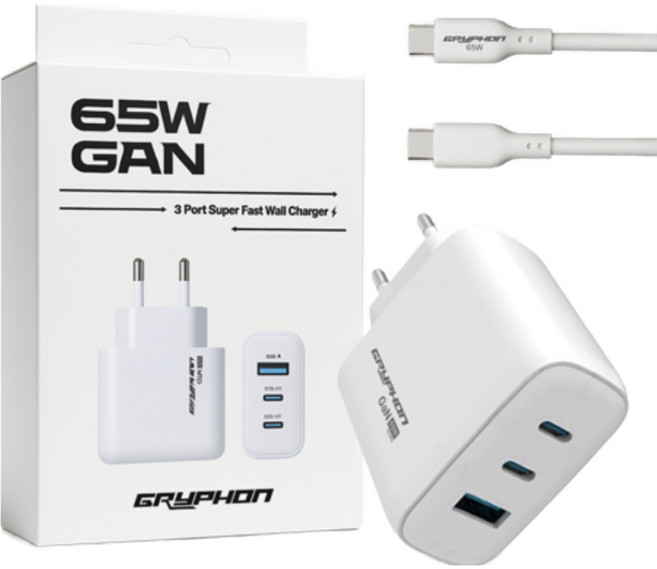 GRYPHON GaN 65W 멀티 충전기 3포트 PD PPS 초고속 C타입 노트북 충전 케이블 포함, 1개, 화이트
