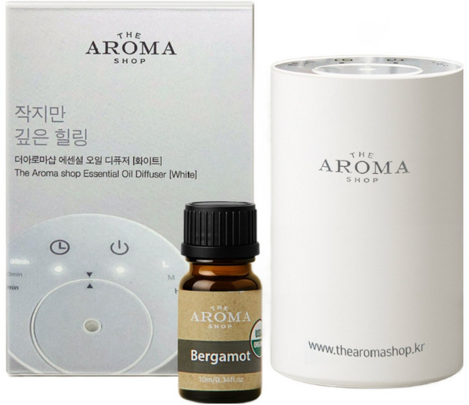 [전자 디퓨저+에센셜오일 1종] 네뷸라이징 실내 차량용 방향제 / C타입 USB 충전식 무선 아로마 디퓨저 세트 / 자동분사 더아로마샵, 1개, 10ml, 전자디퓨저(화이트)+오가닉 베르가못 10ml