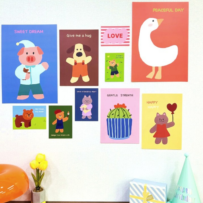 포스터 세트 10pc 아기방 인테리어 포스터 빈티지 감성 일러스트 빈티지 동물 포스터 선샤인마켓, 1.비비드믹스포스터