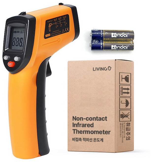 리빙유 비접촉식 온도계 -50~400도 디지털 적외선 온도 측정기 + KC인증배터리, 1개, Black&Orange