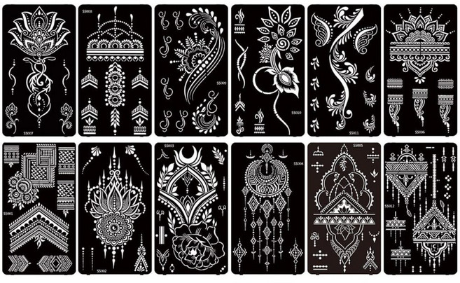 헤나타투 타투스텐실 12장 세트 헤나 만다라꽃도안 헤나스텐실 재사용가능 셀프 바디페인팅, 1세트, S5