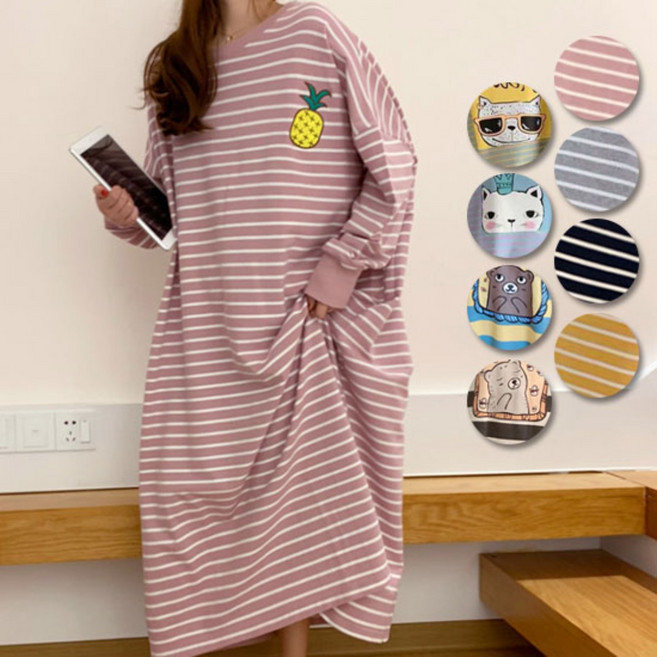 어나더뷰 997 빅사이즈 스트라이프 원피스 파자마 긴팔 잠옷 홈웨어