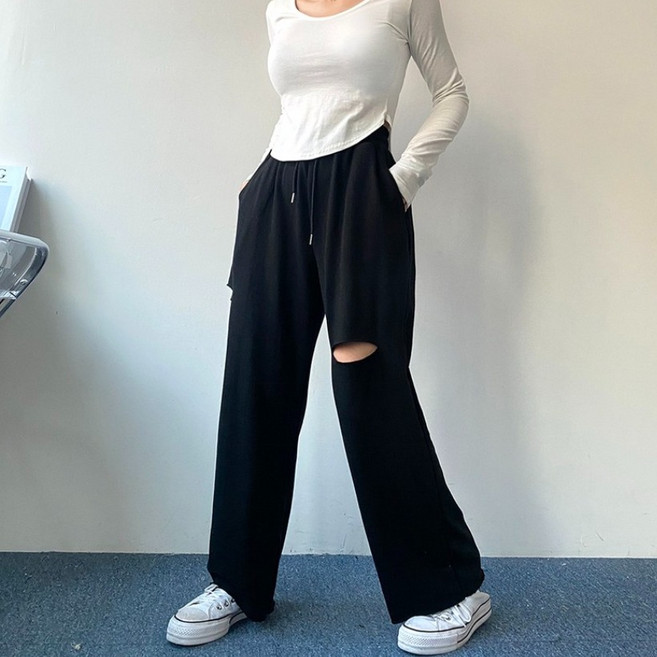 [엘샾] 여성 캐주얼 쭈리 와이드 컷팅 팬츠 허벅지찢 밴딩 통바지