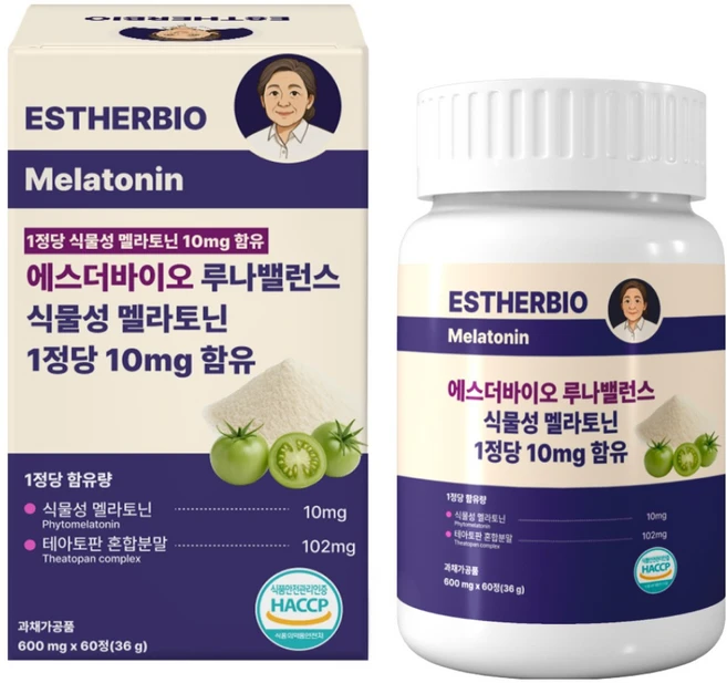에스더바이오 고함량 식물성 멜라토닌 10mg 식약청인증 HACCP 테아닌 트립토판 마그네슘, 1개, 60정 - 쿠팡
