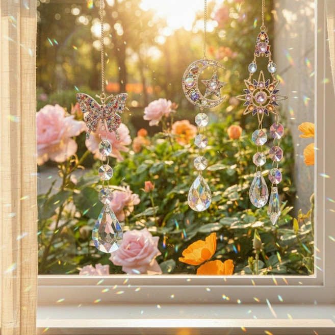 [세트 상품] 크리스탈 썬캐쳐 프리즘 무지개 인테리어 창문 걸이 소품 집들이 선물용, 02.나비,달,은하수