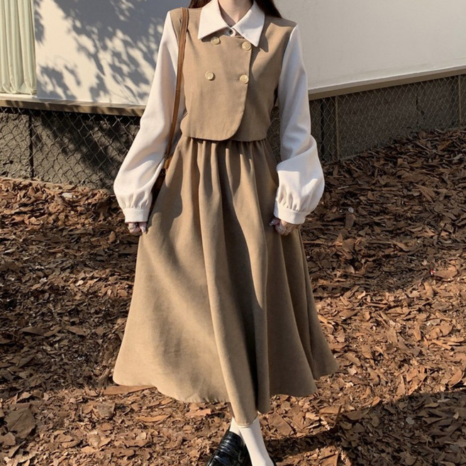 비아이와이 여성 봄가을 오피스 캐주얼 긴팔 레이어드 원피스 D31